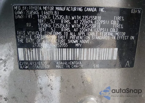 2014 Toyota Rav4 Limited z USA, uszkodzony, nr VIN 2T3DFREVXEW152055